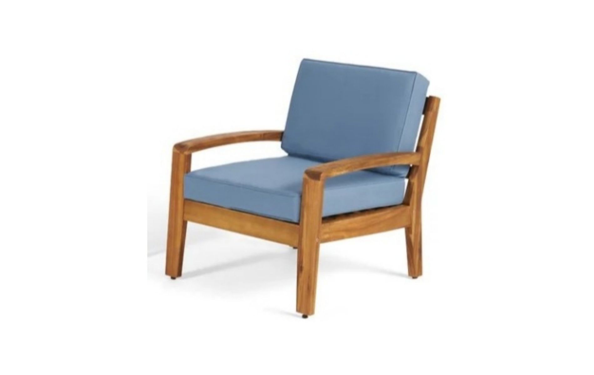 Single Outdoor Acacia Wood Patio Club Chair with Blue Water-Resistant Cushions, Outdoor Chair with Slat Panel Design for Garden or Deck-Coolbibila