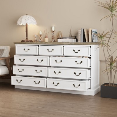 Famapy White 9-Drawer Dresser Storage: Chic Design with Antique Brass Handles and Rustic Top for Special Appeal