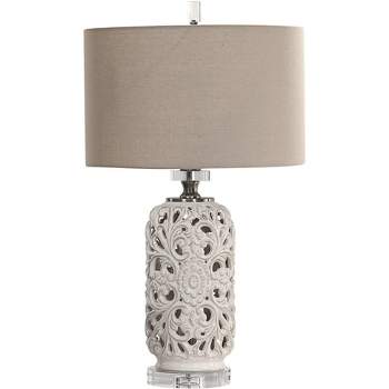 Uttermost Traditional Table Lamp 29 1/2" Tall Pierced Ceramic Gray Linen Fabric Drum Shade for Living Room Bedroom House Bedside