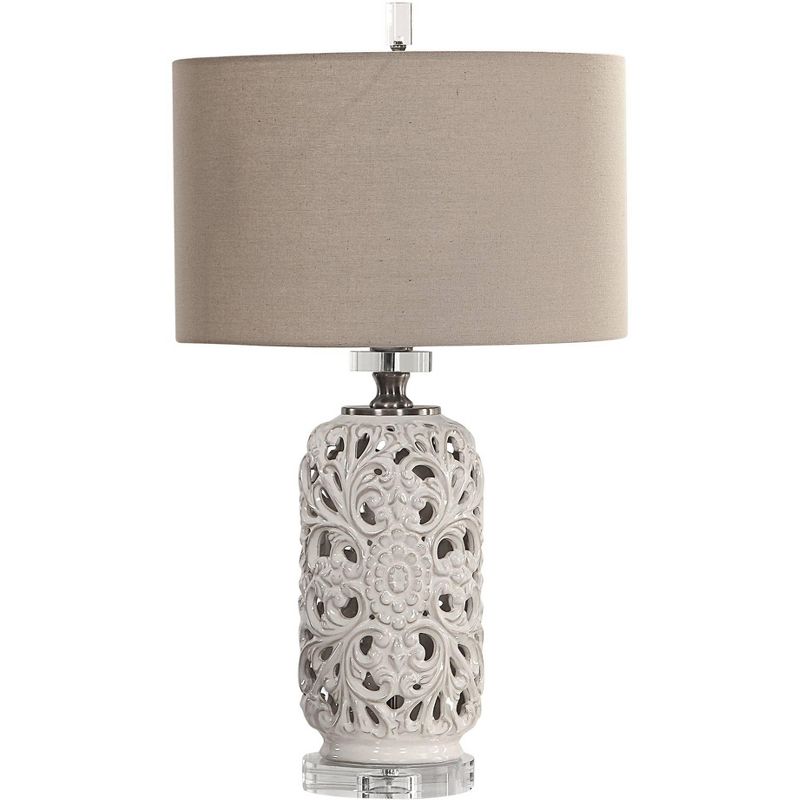 Uttermost Traditional Table Lamp 29 1/2" Tall Pierced Ceramic Gray Linen Fabric Drum Shade for Living Room Bedroom House Bedside, 1 of 4