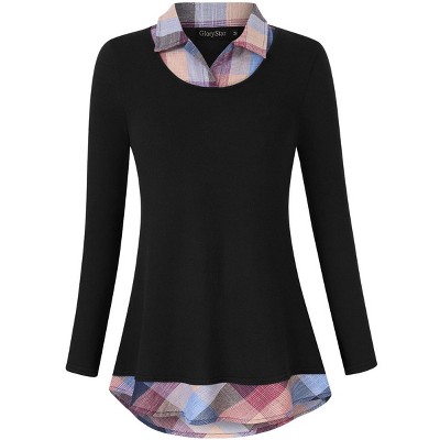 Women's Long Sleeve Contrast Collared Shirts Patchwork Work Blouse Tunics Tops