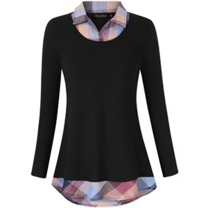 Women's Long Sleeve Contrast Collared Shirts Patchwork Work Blouse Tunics Tops - 1 of 4