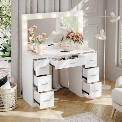 Vanity Desk with Mirror, LED Lights and Power Outlet Makeup Vanity Table with 7 Drawers Dressing Table
