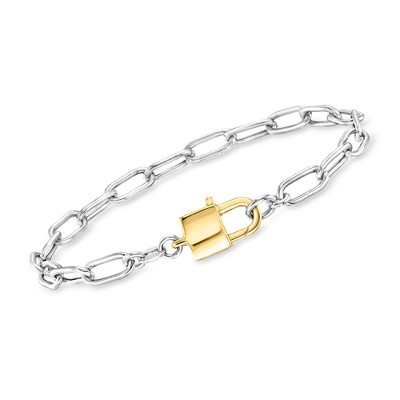 Ross-Simons Italian Sterling Silver and 18kt Gold Over Sterling Paper Clip Link Padlock Bracelet