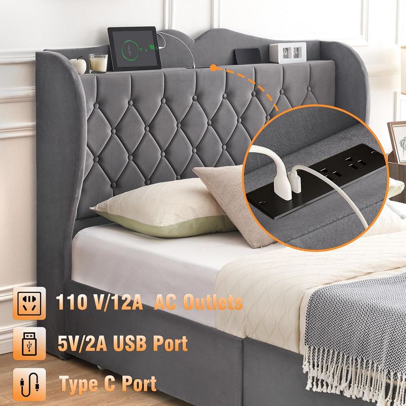 Full Queen Bed Frame with 4 Storage Drawers, Upholstered Platform Bed with Storage Headboard and Charging Station, Velvet Tufted & Wingback, Grey, 5 of 10