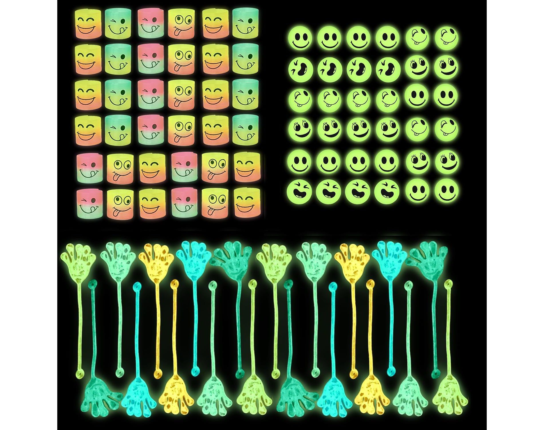 4E’s Novelty 108 Pcs Glow in the Dark Toys – 36 Bouncy Balls, 36 Coil Springs, 36 Sticky Hands, Party Favors, Goodie Bags