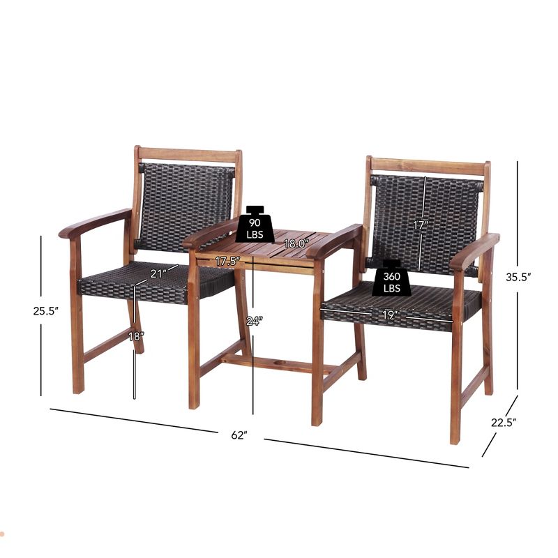 Costway 2-Seat Patio Rattan Bench Acacia Wood Frame Table W/Umbrella Hole Deck, 4 of 11