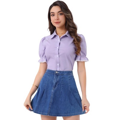 Allegra K Women's Vintage Short Sleeve Peter Pan Collar Button Down Shirt