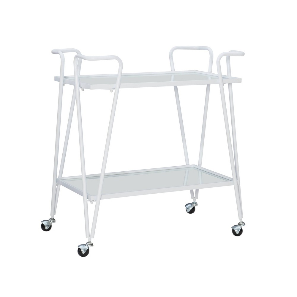 Mid-Century Modern Iron Frame 2 Mirrored Glass Shelves Locking Wheels Bar Cart White - Linon: Powder-Coated Steel, 50lb Capacity