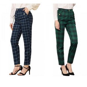 INSPIRE CHIC Women's Vintage Tartan Plaid Elastic Waist Straight Long Trousers 2 Packs - 1 of 4