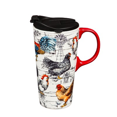 Evergreen Ceramic Travel Cup, 17 OZ. ,w/box, Chicken Collage