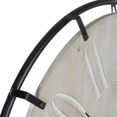 23.5" Black Metal and Light Brown Wood Rustic Round Wall Clock