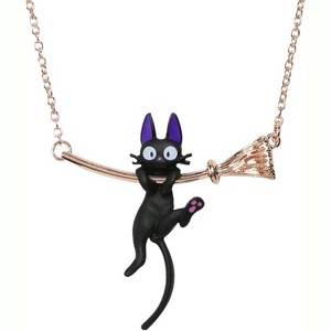 Whimsical Cat on Broom Necklace - Playful Halloween Jewelry with Black Cat Pendant - 1 of 4