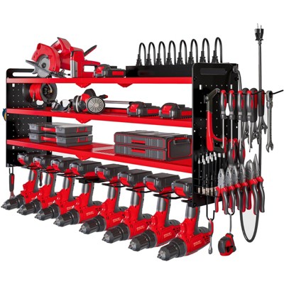 Hausource 4-Tier Tool Organizer Wall Mount Tool Storage Utility Shelf w/8 Drill Holder,Red/Black/Yellow