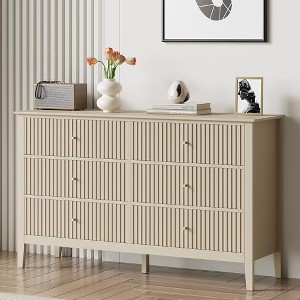 Heynemo Beige 6 Drawer Dresser, Fluted Modern Wood Chest of Drawers, Long Dresser for Bedroom TV Stand Storage Cabinet for Living Room,Beige - 1 of 4