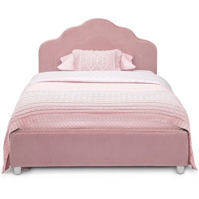Rose Pink Twin Upholstered Platform Bed with Scalloped Headboard