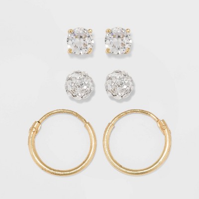 Gold Over Sterling Silver Stud Earring Set 3ct - A New Day™ Clear