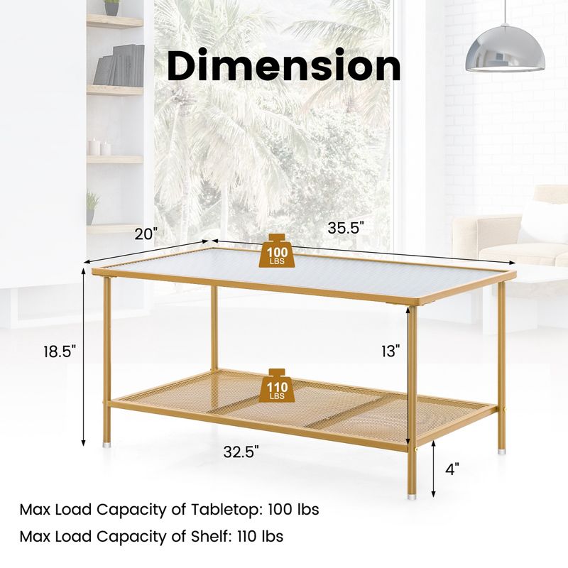 Costway 2-Tier Coffee Table with Shelf with Tempered Glass Top & Metal Frame Living Room, 3 of 11