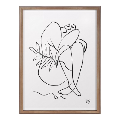 Modern Black Line Drawing on White Canvas with Brown Frame