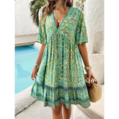 Womens Summer Dress Color Block Floral Print V Neck Midi Dress