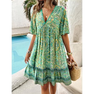 Womens Summer Dress Color Block Floral Print V Neck Midi Dress - 1 of 4