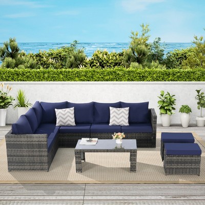 Outdoor Furniture Set, Armrest  Sofas with Cushions and Pillows, 6 Pcs Rattan Wicker Sofa Set with Tempered Glass Coffee Table-Coolbibila