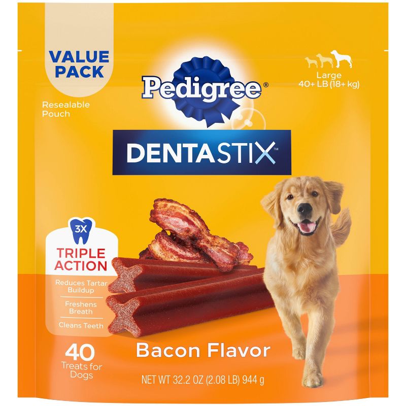 Pedigree Dentasix Bacon Flavor Large Adult Dental Dog Treats - 2.08lb/40ct, 1 of 10