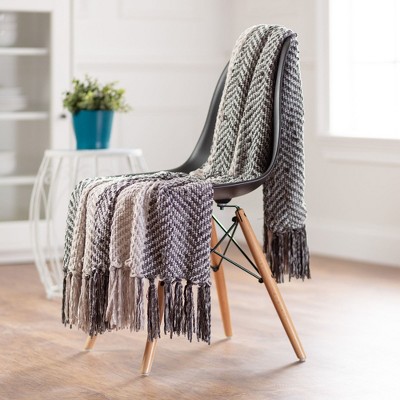 Taupe and Cream Knitted Chenille Throw Blanket with Fringe
