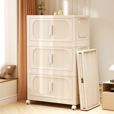 FONTOI 3 Tiers Folding Storage Cabinet with Wheels, Collapsible Storage Bins, Closet Organizers, Cream White, 11.81"*31.1"*19.69"