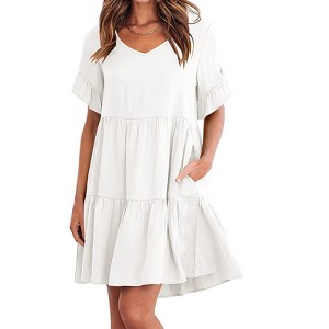Women's Summer Casual Midi Dress Dressy Smocked Elastic Waist Tiered A-Line Dress V Neck Short Sleeve Midi Dress - 1 of 4