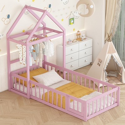 NicBex Twin Size Kids Montessori Bed with Detachable House Shape Headboard,Floor Bed with Kids Dress Up Rack and Fence,Toddler bed for Bedroom,Pink