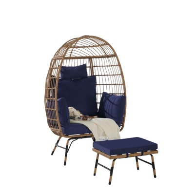 VisioGear Egg Chair, Egg Chair Indoor Outdoor with Ottoman and Thick Cushions, Oversized Large Egg Chairs for Backyard, Blue, 39"*28.5"*58.2"
