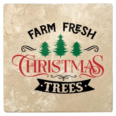 Christmas by Krebs Set of 4 Ivory and Black "FARM FRESH CHRISTMAS TREES" Square Coasters 4"