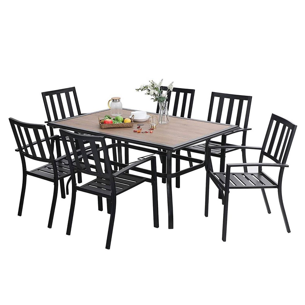 7pc Metal Patio Dining Set with Rectangular Faux Wood Table & 6 ...