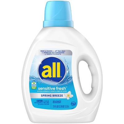 All Sensitive Fresh Spring Breeze HE Liquid Laundry Detergent 58 Loads - 73 fl oz: Hypoallergenic, Spill-Resistant Lid, Dermatologist Tested, Dye-Free