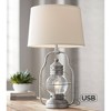 Franklin Iron Works Rustic Farmhouse USB Lamp with Table Top Dimmer and Nightlight LED 26" High Silver Off White Linen Glass Living Room - 2 of 4