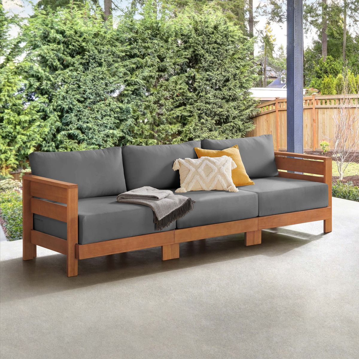 Alaterre Furniture Barton 3 Seater Outdoor Patio Sofa - Weather-Resistant Eucalyptus Wood Outdoor Couch with Thick Gray Cushions (Natural) - thumbnail 6