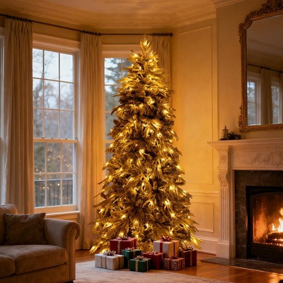 Bella Depot Slim Flocked Christmas Tree, 250Warm White LED Lights, Skinny Noble Artificial Christmas Tree Easy Assembly for Home