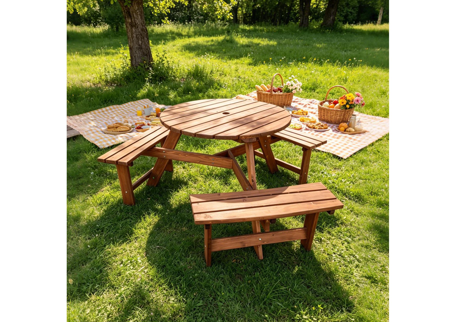 6-Person Circular Outdoor Wooden Picnic Table for Patio