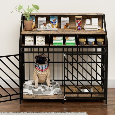Akoasm 43.3 in. W Double Dog Large Dog Crate Furniture with Three Drawers Storages-Brown
