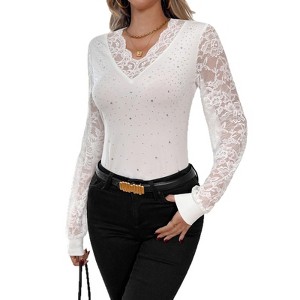 Coolmee Long Lace Sleeve Shirts for Women V Neck Slim Fit Basic Tee Tops Casual T-Shirt Going Out Fall Outfits - 1 of 4