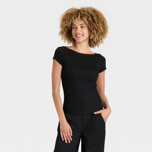 Women's Cap Sleeve Boat Neck Ribbed T-Shirt - A New Day™ Brown - 1 of 4