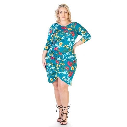 24seven Comfort Apparel Floral Plus Size Elbow Sleeve Ruched Knee ...