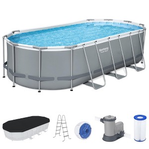 Bestway Power Steel Oval Metal Frame Above Ground Outdoor Backyard Swimming Pool Set with Filter Pump, Ladder, and Pool Cover - 1 of 4