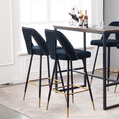 28" Bar Stools Set Of 2, Velvet Upholstered Counter Height Barstools With Nail Head Decoration, Tall Barstools