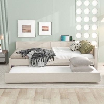 Upholstered Bed Frame with Trundle, Linen Fabric Wood Platform Bed with USB Charging Port - Baofuwish