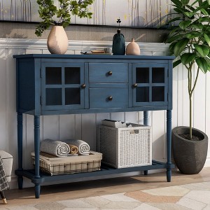 Farmhouse Sideboard Console Table with Bottom Shelf, Glass-Front Cabinets & Drawers, Distressed Pine Wood Buffet Storage for Living Room - 1 of 4