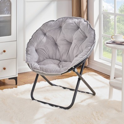 VECELO Folding Saucer Chair, Moon Chair with Metal Frame, Faux Fur for Bedroom or Living Room, Gray