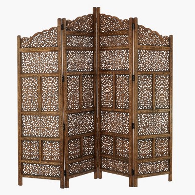 Traditional Wood Carved Pattern Room Divider Screen Brown - Olivia & May