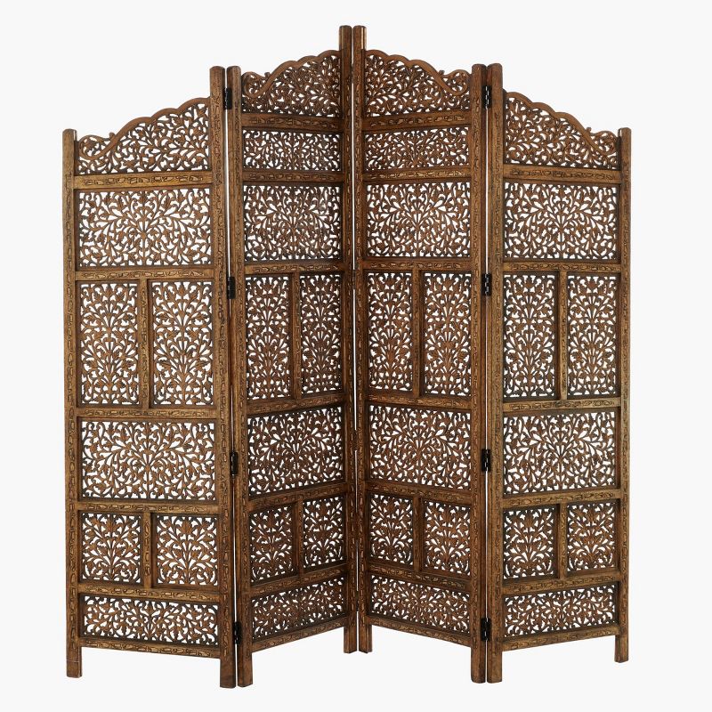 Traditional Wood Carved Pattern Room Divider Screen Brown - Olivia &#38; May, 1 of 7